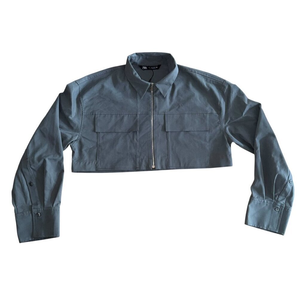 Zara Women’s Army‎ Gray Utility Jacket Cropped Style Women's Size Small - Picture 2 of 8